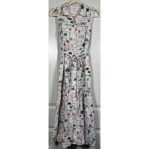 J.CREW Dresses & Skirts - J.Crew Womens Midi Shirt Dress White Postcard Print Collared Tie-Waist Pocket 10